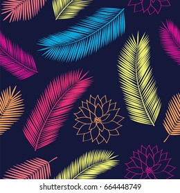 Exotic seamless pattern with bright tropical flowers and feathers for textile, wallpapers, gift wrap and scrapbook. Trendy colors.  Vector illustration.