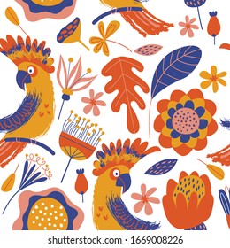 Exotic seamless pattern. Cockatoo parrots and bright tropical flowers on a white background. Vector illustration.