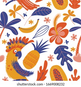 Exotic seamless pattern. Cockatoo parrots and bright tropical flowers and fruits. Vector illustration.