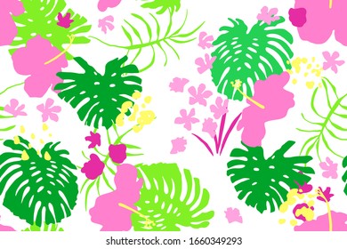 Exotisches nahtloses Muster mit bunten Monstearblättern, Hibiskusblumen.  Unendlicher tropischer Hintergrund.