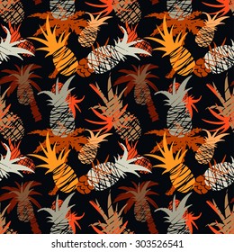 Exotic seamless pattern with colorful pineapples and palm trees. Chaotic repeating background. Abstract print texture. Cloth design. Wallpaper, wrapping 