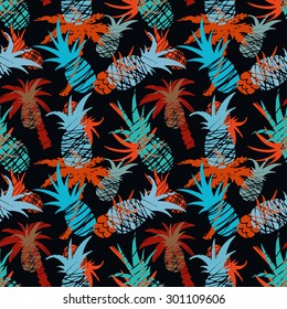 Exotic seamless pattern with colorful sketch pineapples and palm trees. Chaotic repeating background. Abstract print texture. Cloth design. Wallpaper, wrapping 