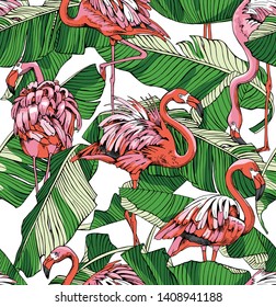 Exotic Seamless pattern. Coral color Flamingo and green Banana leaves on a white background. Textile composition, hand drawn style print. Vector illustration.