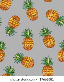 Exotic seamless pattern. Drawing pineapple fruits.