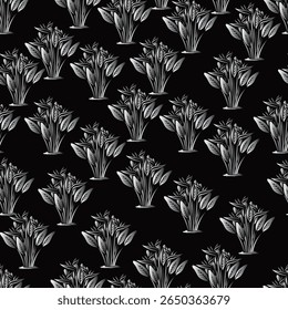 Padrão sem emenda exótico com estilizado preto e branco Bird of Paradise plantas em um fundo escuro. Capturando elegância tropical e tendências monocromáticas, é ideal para moda, decoração e único