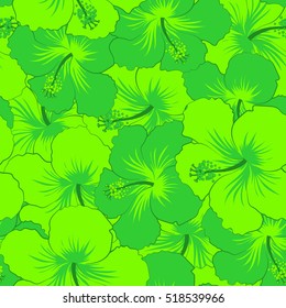 Exotic seamless pattern flower design. Green hibiscus seamless background. Floral seamless pattern. Watercolor effect. Textile print for bed linen, jacket, package design, fabric, fashion concepts.