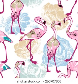 Exotic seamless pattern, flowers and flamingos