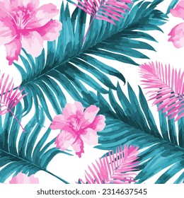 Exotic Seamless Pattern with flowers and leaves. Graphic design for print and web. Watercolor painted illustration for apparel, clothes, textiles and backgrounds.
