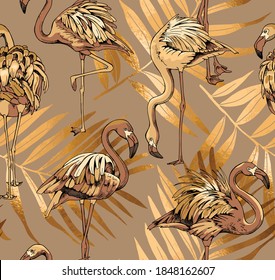 Exotic Seamless pattern. Gold Flamingo and palm leaves. Textile composition, hand drawn style print. Vector illustration.