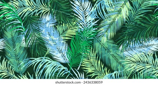 Exotic seamless pattern with green palm leaves. Endless wallpaper, background. Grunge texture. Old wall, fresco imitation.