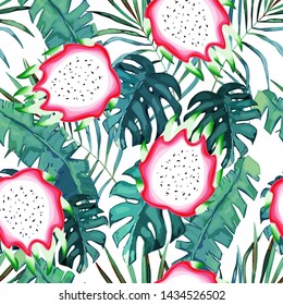 Exotic seamless pattern with green tropical leaves and dragonfruits. Summer vector illustration on white background. Watercolor style 
