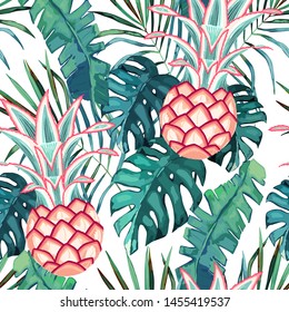 Exotic seamless pattern with green tropical leaves and pineapples. Summer vector illustration on white background. Watercolor style 