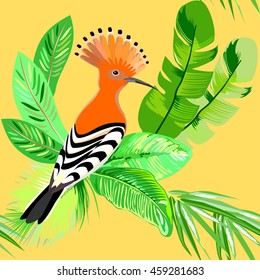 Exotic seamless pattern with hoopoe & palm leaves. Vector.