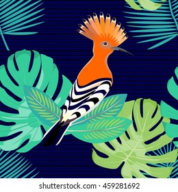 Exotic seamless pattern with hoopoe & palm leaves. Vector.
