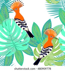 Exotic seamless pattern with hoopoe & palm leaves. Vector.