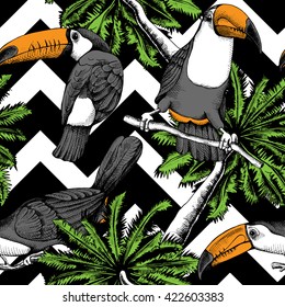 Exotic seamless pattern with a image of palm and toucans on a geometric background. Vector illustration.