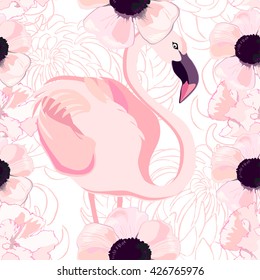 Exotic seamless pattern with leaves, exotic birds and flowers. Vector.