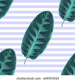 Exotic seamless pattern with leaves. Botanic texture. Repeat tropical background.  Jungle plants. Green foliage. Decorative illustration with branches.
