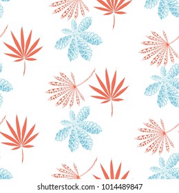 Exotic Seamless Pattern With Leaves of Palm Trees On White Background. Hand Drawn Rainforest Texture In Zentangle Style. Ornate Seamless Background for Print, Interior, Wallpaper, Swimwear. Vector.