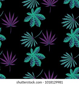 Exotic Seamless Pattern With Leaves of Palm Trees On Black Background. Hand Drawn Tropic Texture In Zentangle Style. Ornate Seamless Background for Print, Interior, Wallpaper, Swimwear.