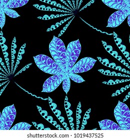 Exotic Seamless Pattern With Leaves of Palm Trees On Black Background. Hand Drawn Tropic Texture In Zentangle Style. Ornate Seamless Background for Print, Interior, Wallpaper, Swimwear.