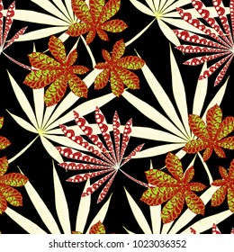 Exotic Seamless Pattern With Leaves of Palm Trees On Black Background. Hand Drawn Rainforest Texture In Zentangle Style. Ornate Seamless Background for Print, Interior, Wallpaper, Swimwear. Vector.