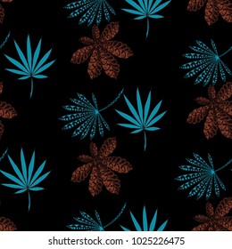 Exotic Seamless Pattern With Leaves of Palm Trees On Black Background. Hand Drawn Rainforest Texture In Zentangle Style. Ornate Seamless Background for Print, Interior, Wallpaper, Swimwear. Vector.
