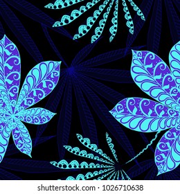 Exotic Seamless Pattern With Leaves of Palm Trees On Black Background. Hand Drawn Rainforest Texture In Zentangle Style. Ornate Seamless Background for Print, Interior, Wallpaper, Swimwear.