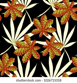Exotic Seamless Pattern With Leaves of Palm Trees On Black Background. Hand Drawn Rainforest Texture In Zentangle Style. Ornate Seamless Background for Print, Interior, Wallpaper, Swimwear.