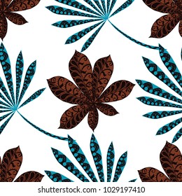 Exotic Seamless Pattern With Leaves of Palm Trees On Black Background. Hand Drawn Tropic Texture In Zentangle Style. Ornate Seamless Background for Print, Interior, Wallpaper, Swimwear. Vector.