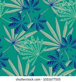 Exotic Seamless Pattern With Leaves of Palm Trees for Summer Design. Hand Drawn Rainforest Texture In Zentangle Style. Ornate Seamless Background for Print, Interior, Wallpaper, Swimwear.