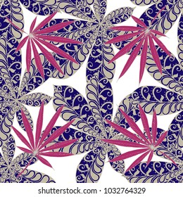Exotic Seamless Pattern With Leaves of Palm Trees On White Background. Hand Drawn Tropic Texture In Zentangle Style. Ornate Seamless Background for Print, Interior, Wallpaper, Swimwear.