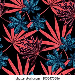 Exotic Seamless Pattern With Leaves of Palm Trees On Black Background. Hand Drawn Rainforest Texture In Zentangle Style. Ornate Seamless Background for Print, Interior, Wallpaper, Swimwear.