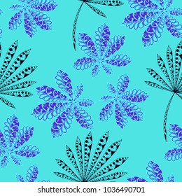 Exotic Seamless Pattern With Leaves of Palm Trees for Summer Design. Hand Drawn Rainforest Texture In Zentangle Style. Ornate Seamless Background for Print, Interior, Wallpaper, Swimwear. Vector.