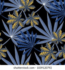 Exotic Seamless Pattern With Leaves of Palm Trees On Black Background. Hand Drawn Rainforest Texture In Zentangle Style. Ornate Seamless Background for Print, Interior, Wallpaper, Swimwear. Vector.