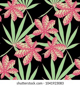 Exotic Seamless Pattern With Leaves of Palm Trees On Black Background. Hand Drawn Tropic Texture In Zentangle Style. Ornate Seamless Background for Print, Interior, Wallpaper, Swimwear.