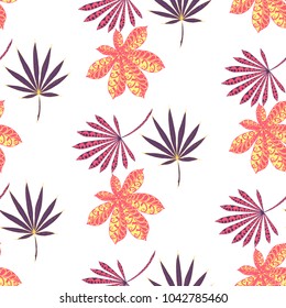Exotic Seamless Pattern With Leaves of Palm Trees On White Background. Hand Drawn Tropic Texture In Zentangle Style. Ornate Seamless Background for Print, Interior, Wallpaper, Swimwear. Vector.