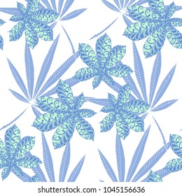 Exotic Seamless Pattern With Leaves of Palm Trees On White Background. Hand Drawn Rainforest Texture In Zentangle Style. Ornate Seamless Background for Print, Interior, Wallpaper, Swimwear.
