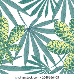Exotic Seamless Pattern With Leaves of Palm Trees On Black Background. Hand Drawn Rainforest Texture In Zentangle Style. Ornate Seamless Background for Print, Interior, Wallpaper, Swimwear. Vector.