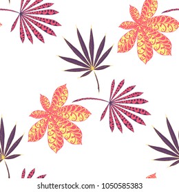 Exotic Seamless Pattern With Leaves of Palm Trees On Black Background. Hand Drawn Jungle Texture In Zentangle Style. Ornate Seamless Background for Print, Interior, Wallpaper, Swimwear.
