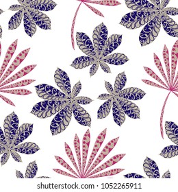 Exotic Seamless Pattern With Leaves of Palm Trees On White Background. Hand Drawn Rainforest Texture In Zentangle Style. Ornate Seamless Background for Print, Interior, Wallpaper, Swimwear. Vector.