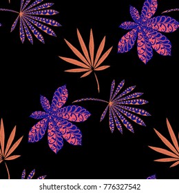 Exotic Seamless Pattern With Leaves of Palm Trees On Black Background. Hand Drawn Jungle Texture In Zentangle Style. Ornate Seamless Background for Print, Interior, Wallpaper, Swimwear.