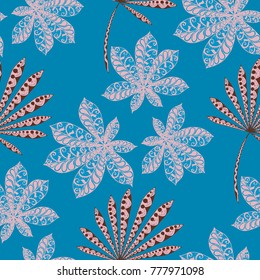 Exotic Seamless Pattern With Leaves of Palm Trees On Black Background. Hand Drawn Rainforest Texture In Zentangle Style. Ornate Seamless Background for Print, Interior, Wallpaper, Swimwear. Vector.
