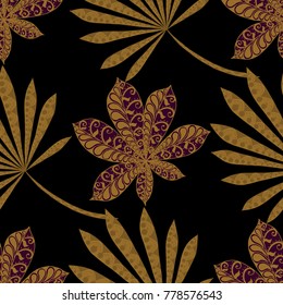 Exotic Seamless Pattern With Leaves of Palm Trees On Black Background. Hand Drawn Rainforest Texture In Zentangle Style. Ornate Seamless Background for Print, Interior, Wallpaper, Swimwear.