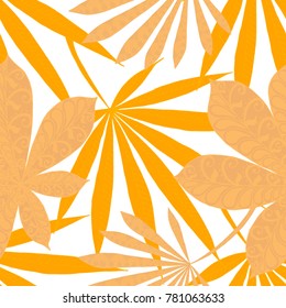 Exotic Seamless Pattern With Leaves of Palm Trees On White Background. Hand Drawn Tropic Texture In Zentangle Style. Ornate Seamless Background for Print, Interior, Wallpaper, Swimwear.
