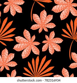 Exotic Seamless Pattern With Leaves of Palm Trees On Black Background. Hand Drawn Tropic Texture In Zentangle Style. Ornate Seamless Background for Print, Interior, Wallpaper, Swimwear.