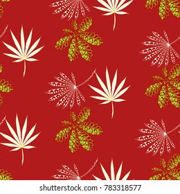 Exotic Seamless Pattern With Leaves of Palm Trees On White Background. Hand Drawn Jungle Texture In Zentangle Style. Ornate Seamless Background for Print, Interior, Wallpaper, Swimwear.