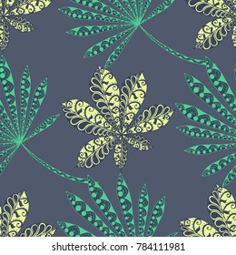 Exotic Seamless Pattern With Leaves of Palm Trees On White Background. Hand Drawn Rainforest Texture In Zentangle Style. Ornate Seamless Background for Print, Interior, Wallpaper, Swimwear.