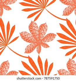 Exotic Seamless Pattern With Leaves of Palm Trees On White Background. Hand Drawn Tropic Texture In Zentangle Style. Ornate Seamless Background for Print, Interior, Wallpaper, Swimwear.