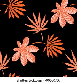 Exotic Seamless Pattern With Leaves of Palm Trees On Black Background. Hand Drawn Tropic Texture In Zentangle Style. Ornate Seamless Background for Print, Interior, Wallpaper, Swimwear. Vector.